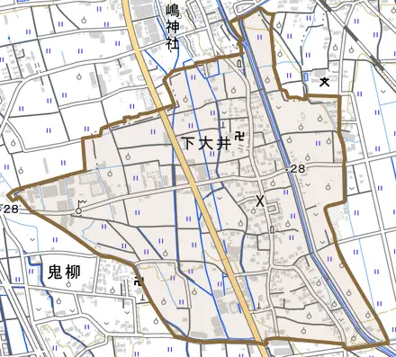 下大井とその周辺の地図。町の範囲を重ねている