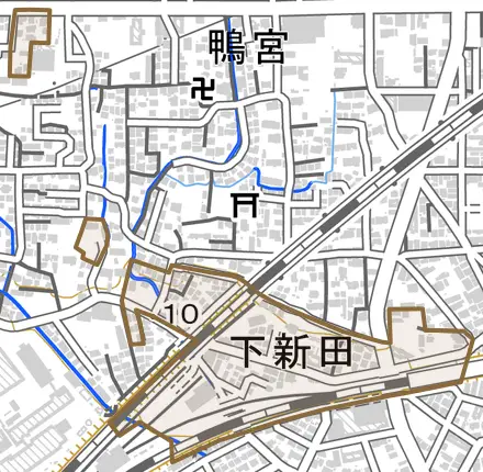 下新田とその周辺の地図。町の範囲を重ねている