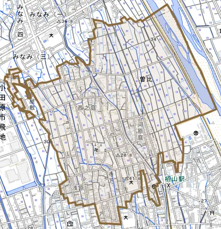 曽比とその周辺の地図。町の範囲を重ねている