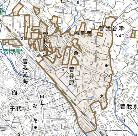 曽我原とその周辺の地図。町の範囲を重ねている