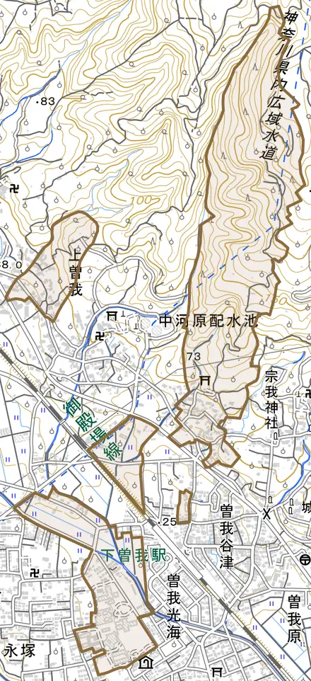 曽我岸とその周辺の地図。町の範囲を重ねている