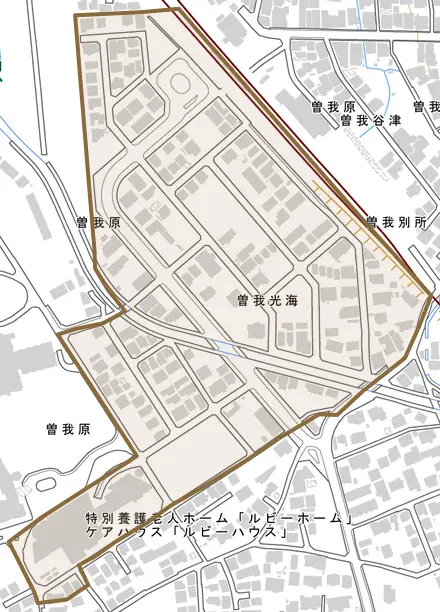 曽我光海とその周辺の地図。町の範囲を重ねている