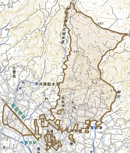 曽我谷津とその周辺の地図。町の範囲を重ねている