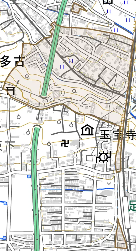 多古とその周辺の地図。町の範囲を重ねている