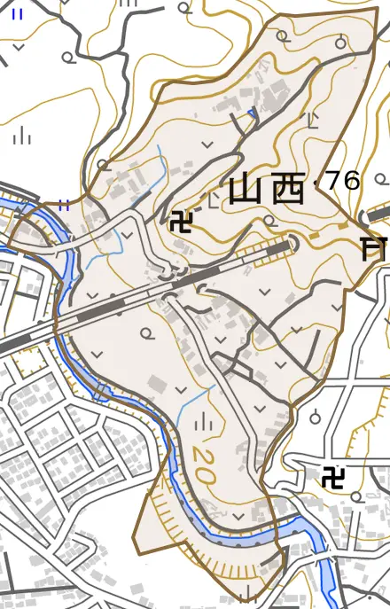 山西とその周辺の地図。町の範囲を重ねている