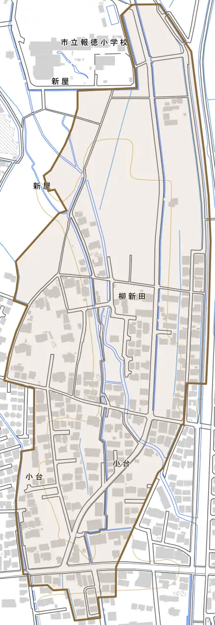 柳新田とその周辺の地図。町の範囲を重ねている