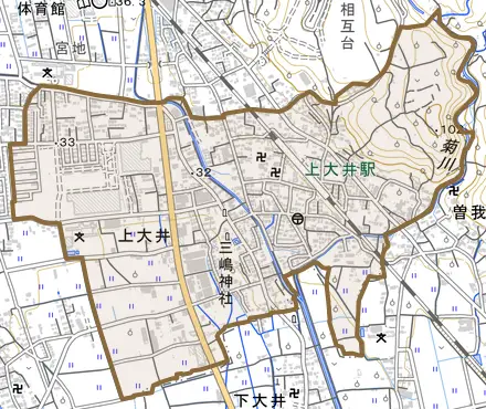 上大井とその周辺の地図。町の範囲を重ねている