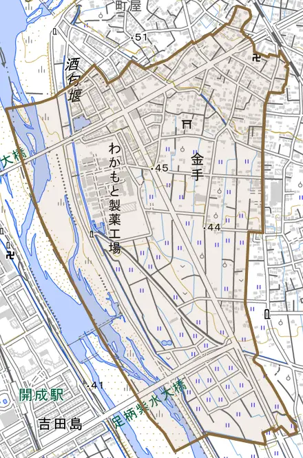 金手とその周辺の地図。町の範囲を重ねている