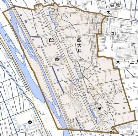 西大井とその周辺の地図。町の範囲を重ねている