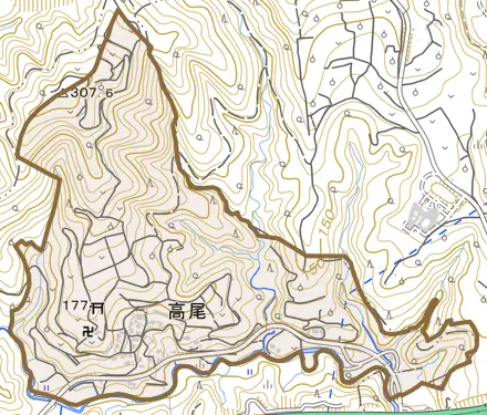 高尾とその周辺の地図。町の範囲を重ねている