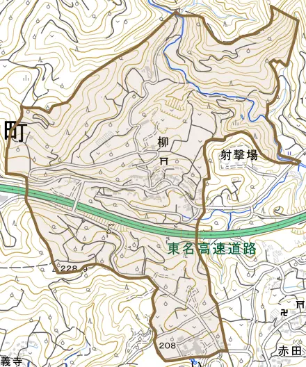 柳とその周辺の地図。町の範囲を重ねている