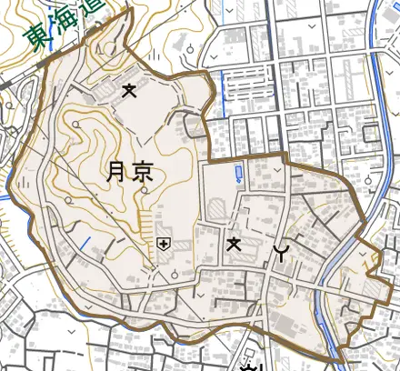 月京とその周辺の地図。町の範囲を重ねている