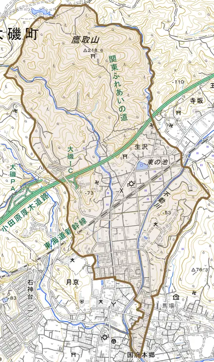 生沢とその周辺の地図。町の範囲を重ねている