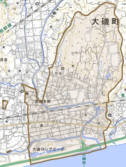 国府本郷とその周辺の地図。町の範囲を重ねている