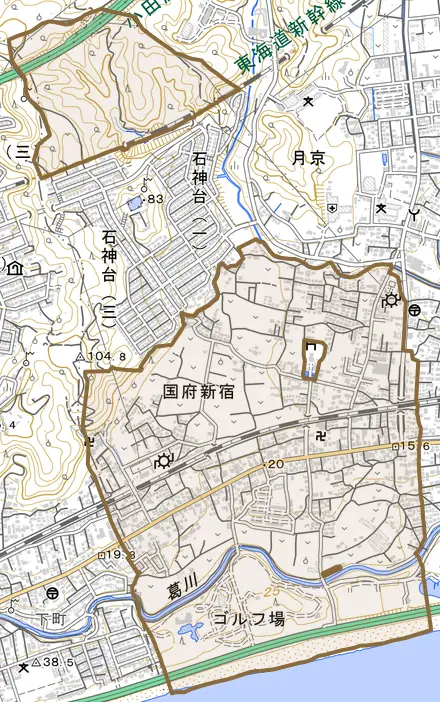 国府新宿とその周辺の地図。町の範囲を重ねている