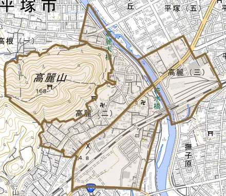 高麗とその周辺の地図。町の範囲を重ねている
