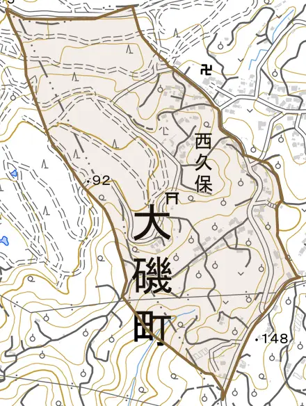 西久保とその周辺の地図。町の範囲を重ねている