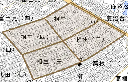 相生とその周辺の地図。町の範囲を重ねている