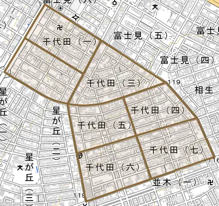 千代田とその周辺の地図。町の範囲を重ねている