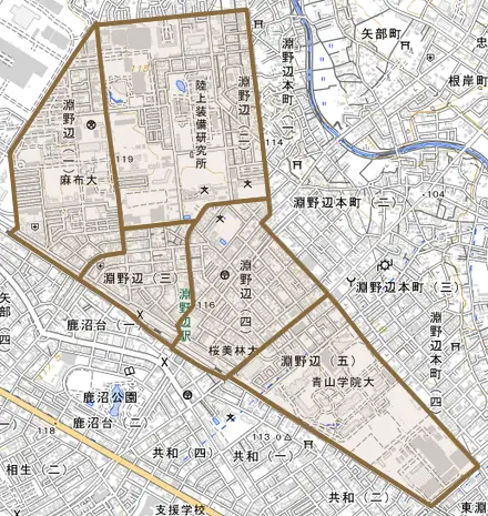 淵野辺とその周辺の地図。町の範囲を重ねている