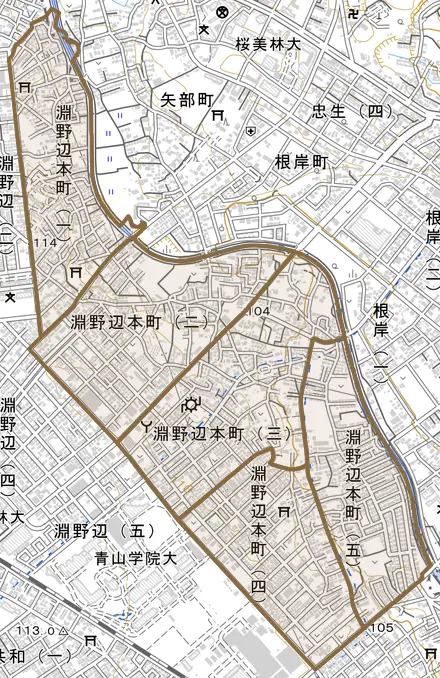 淵野辺本町とその周辺の地図。町の範囲を重ねている
