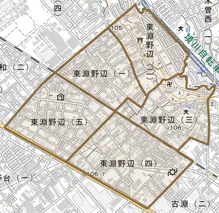 東淵野辺とその周辺の地図。町の範囲を重ねている