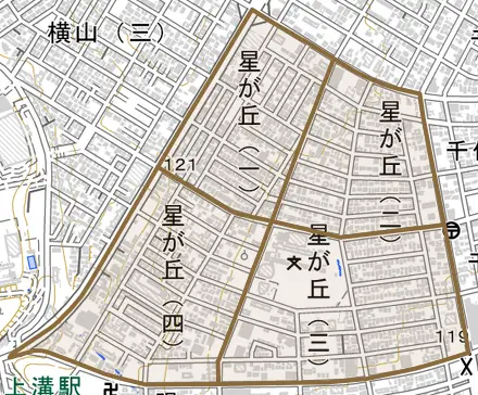 星が丘とその周辺の地図。町の範囲を重ねている
