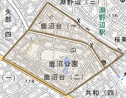 鹿沼台とその周辺の地図。町の範囲を重ねている
