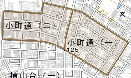 小町通とその周辺の地図。町の範囲を重ねている
