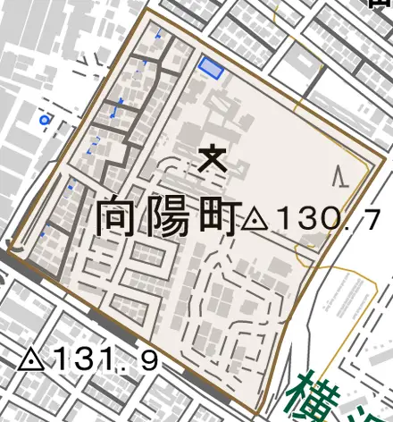 向陽町とその周辺の地図。町の範囲を重ねている