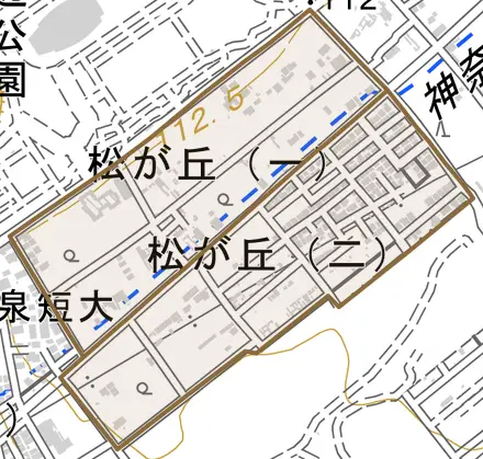 松が丘とその周辺の地図。町の範囲を重ねている