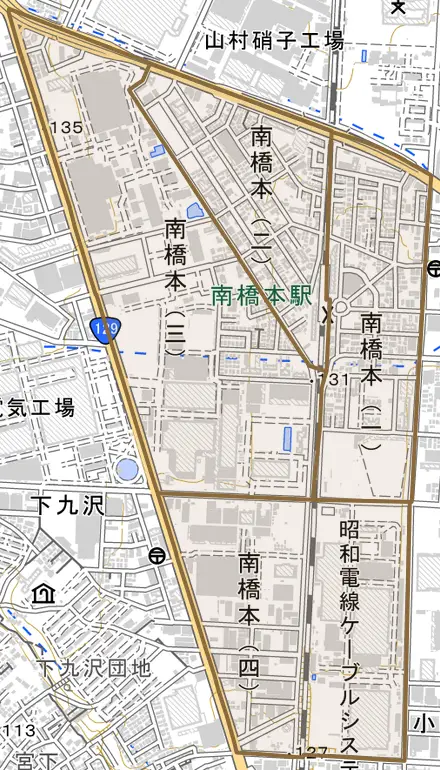 南橋本とその周辺の地図。町の範囲を重ねている