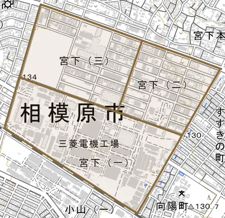宮下とその周辺の地図。町の範囲を重ねている