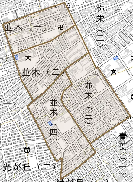 並木とその周辺の地図。町の範囲を重ねている