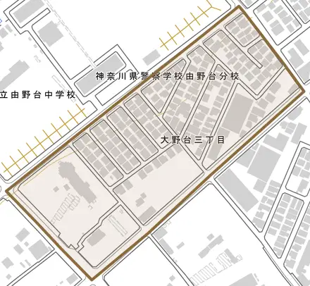 大野台とその周辺の地図。町の範囲を重ねている