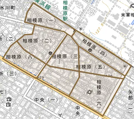相模原とその周辺の地図。町の範囲を重ねている