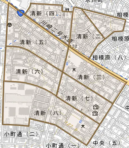 清新とその周辺の地図。町の範囲を重ねている