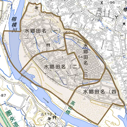水郷田名とその周辺の地図。町の範囲を重ねている