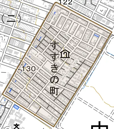 すすきの町とその周辺の地図。町の範囲を重ねている