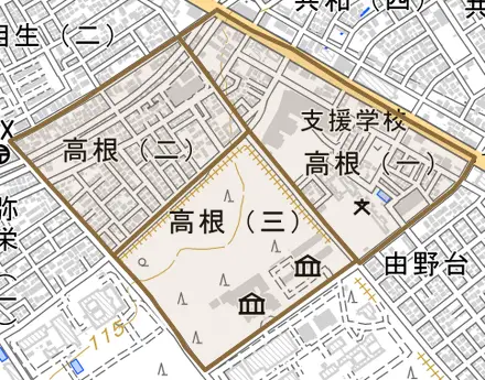 高根とその周辺の地図。町の範囲を重ねている