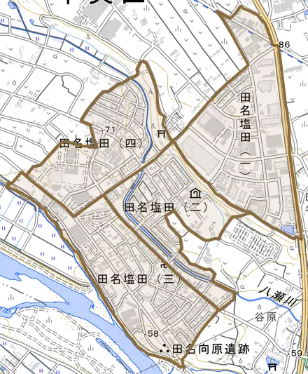 田名塩田とその周辺の地図。町の範囲を重ねている