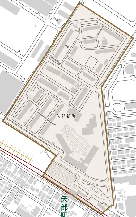 矢部新町とその周辺の地図。町の範囲を重ねている