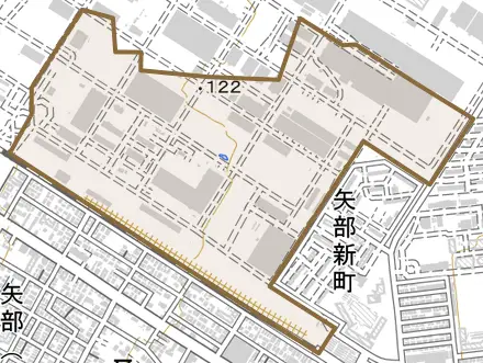 矢部新田とその周辺の地図。町の範囲を重ねている