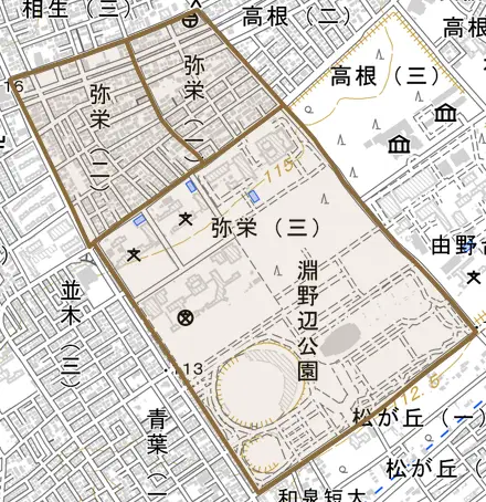 弥栄とその周辺の地図。町の範囲を重ねている