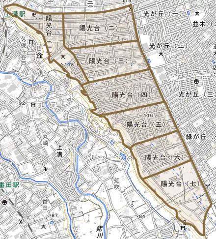 陽光台とその周辺の地図。町の範囲を重ねている
