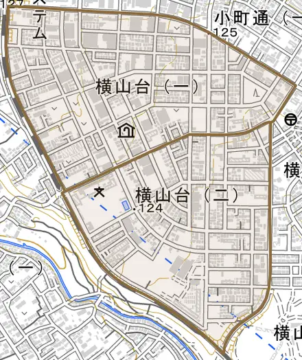 横山台とその周辺の地図。町の範囲を重ねている