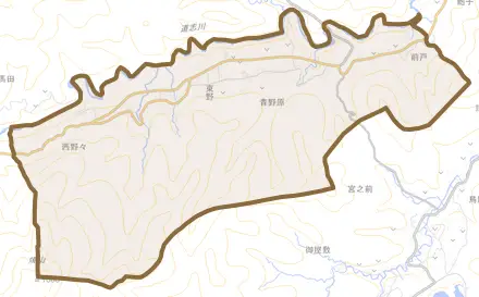 青野原とその周辺の地図。町の範囲を重ねている
