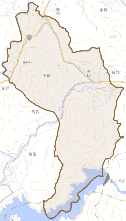 青山とその周辺の地図。町の範囲を重ねている