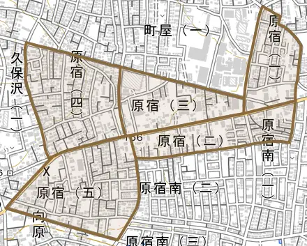 原宿とその周辺の地図。町の範囲を重ねている