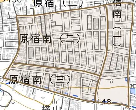 原宿南とその周辺の地図。町の範囲を重ねている